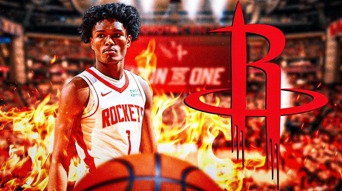 Amen Thompson in image with fire around him, HOU Rockets logo, basketball court in background