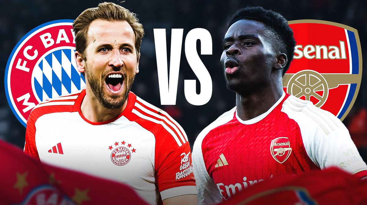 Harry Kane in front of the Bayern Munich logo on one side, Bukayo Saka in front of the Arsenal logo on the other side, a big ‘VS’ in the middle champions league