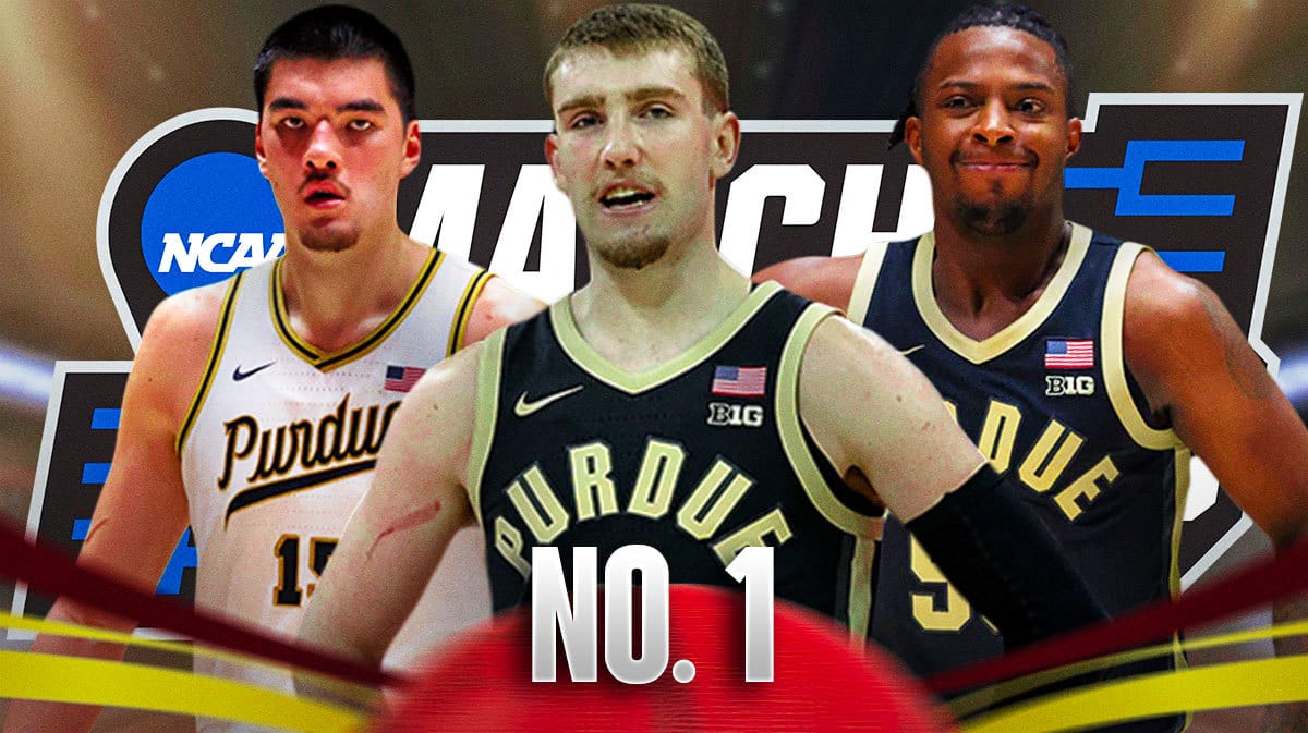 Purdue basketball players Zach Edey, Braden Smith, and Lance Jones with March Madness background and “No. 1” in front.