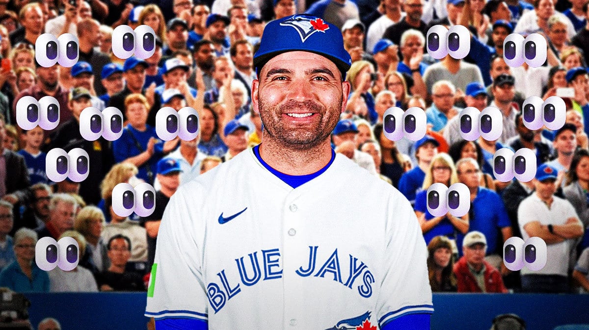 Joey Votto in a Blue Jays uniform. Eyes emoji looking at him.