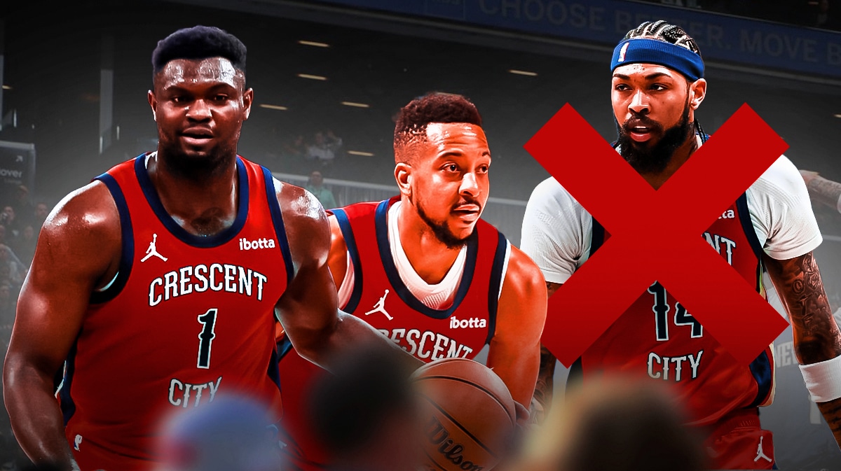 Pelicans Zion Williamson and CJ McCollum smiling next to Brandon Ingram with a red X over him.