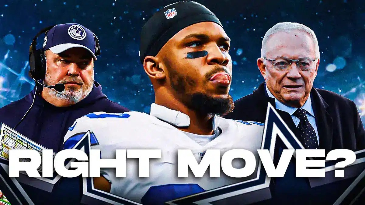 Tony Pollard in the middle, Coach Mike McCarthy and GM Jerry Jones around him, and Dallas Cowboys wallpaper in the background.