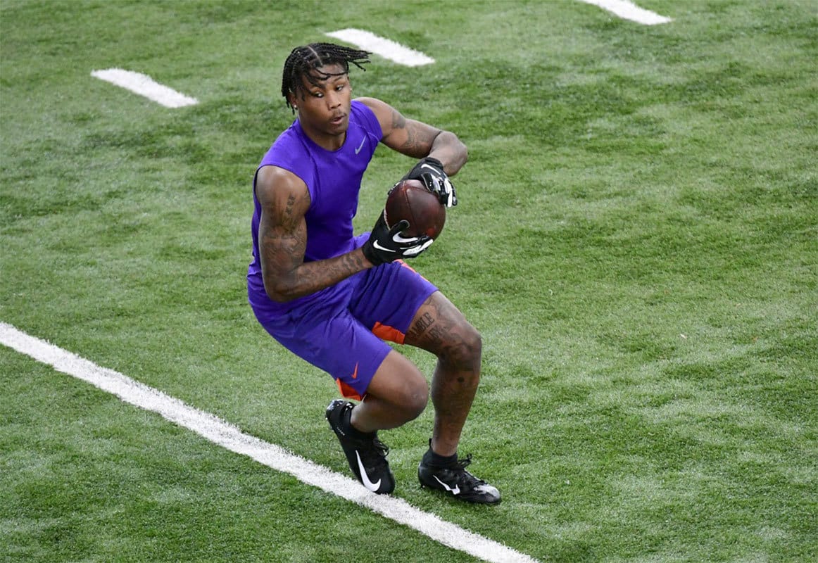 Wide receiver Tee Higgins catches a ball during Clemson Pro Day at the Poe Indoor Facility in Clemson Thursday, March 12, 2020 at Clemson Pro Day. 