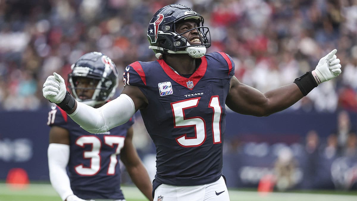Houston Texans defensive end Will Anderson Jr. (51) reacts after a play during the third quarter against the New Orleans Saints at NRG Stadium.