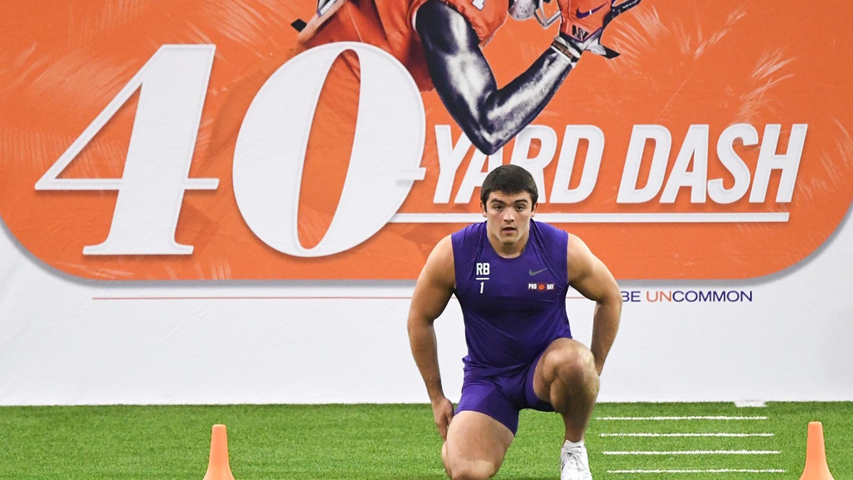 Former Clemson running back Will Shipley gets ready for the 40-yard dash during 2024 Clemson Pro Day in the Poe Indoor Facility at Clemson University in Clemson Tuesday, March 14, 2024.