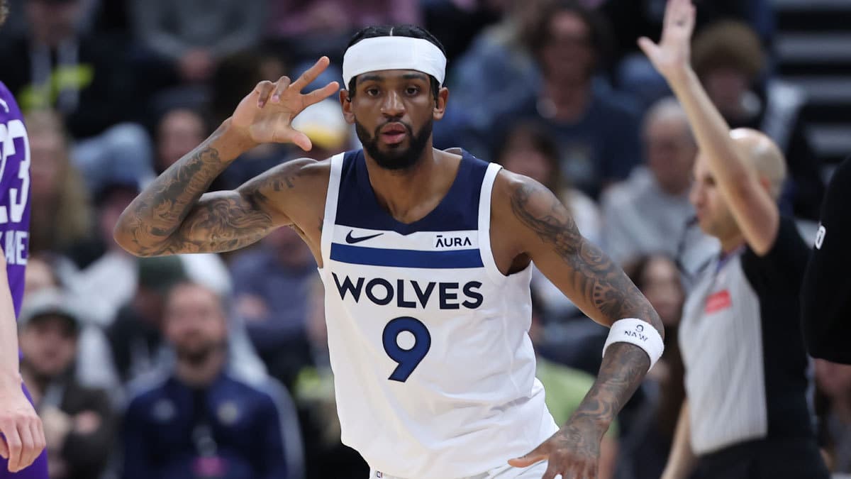 Minnesota Timberwolves guard Nickeil Alexander-Walker (9) reacts to making a three point shot