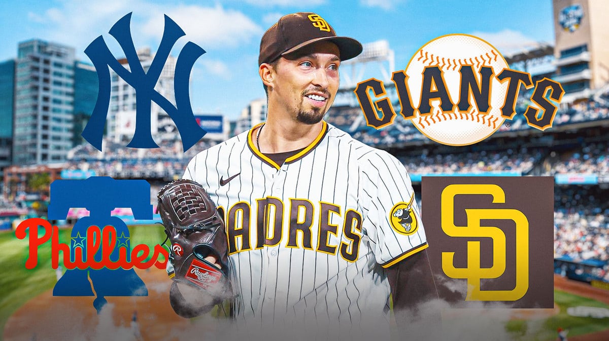 Blake Snell with Padres, with Phillies, Giants, Yankees logos