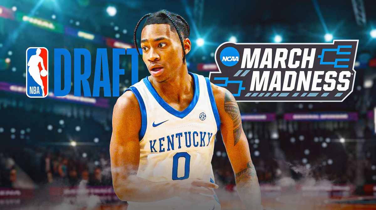 Rob Dillingham with the NCAA Tournament and NBA Draft logos in the background, Dalton Knecht, Cody Williams