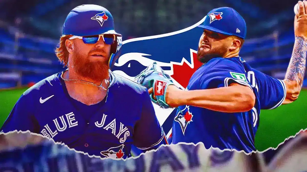 Blue Jays' Justin Turner on left, Blue Jays' Alek Manoah on right. Blue Jays' logo in middle.