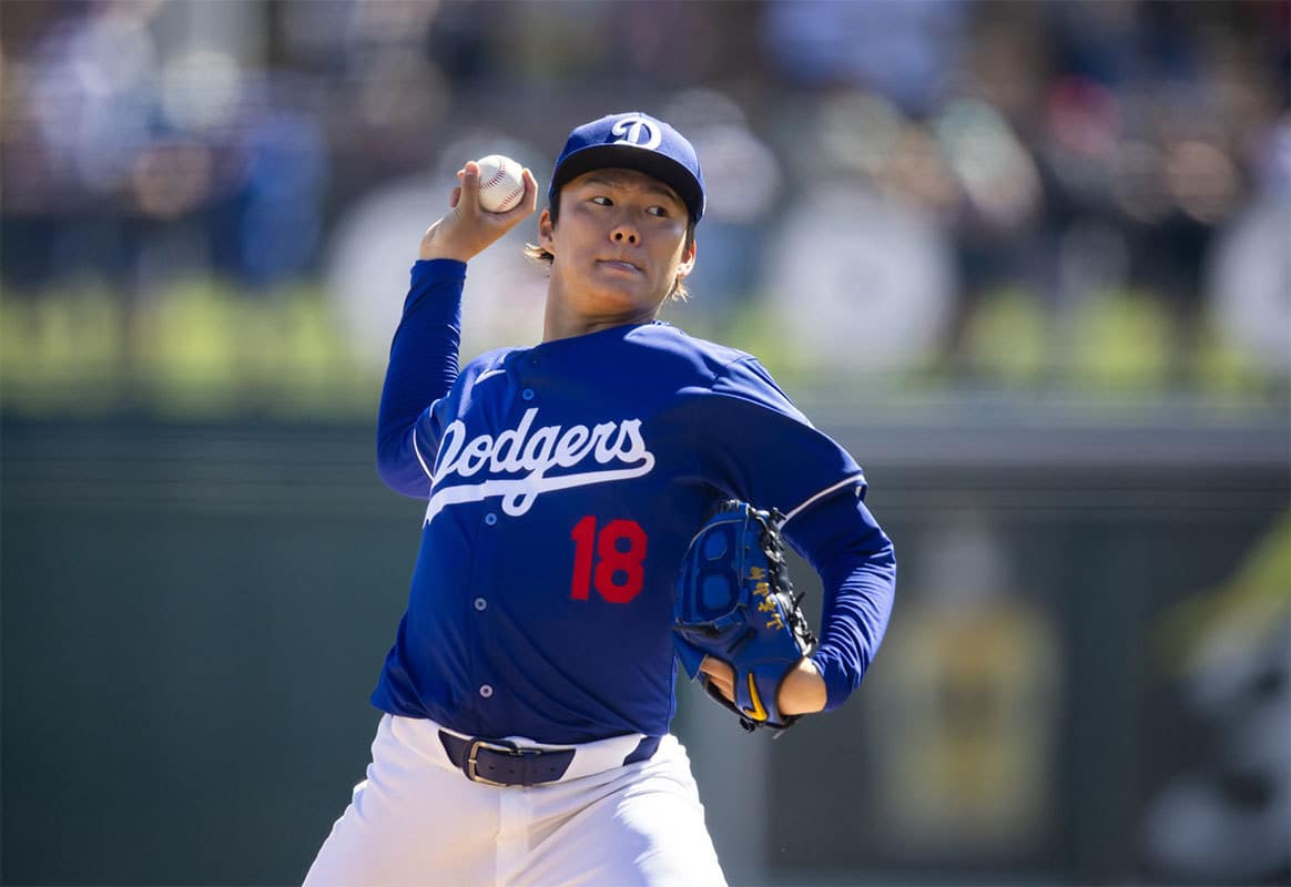 Los Angeles Dodgers pitcher Yoshinobu Yamamoto against the Seattle Mariners during a spring training game at Camelback Ranch-Glendale