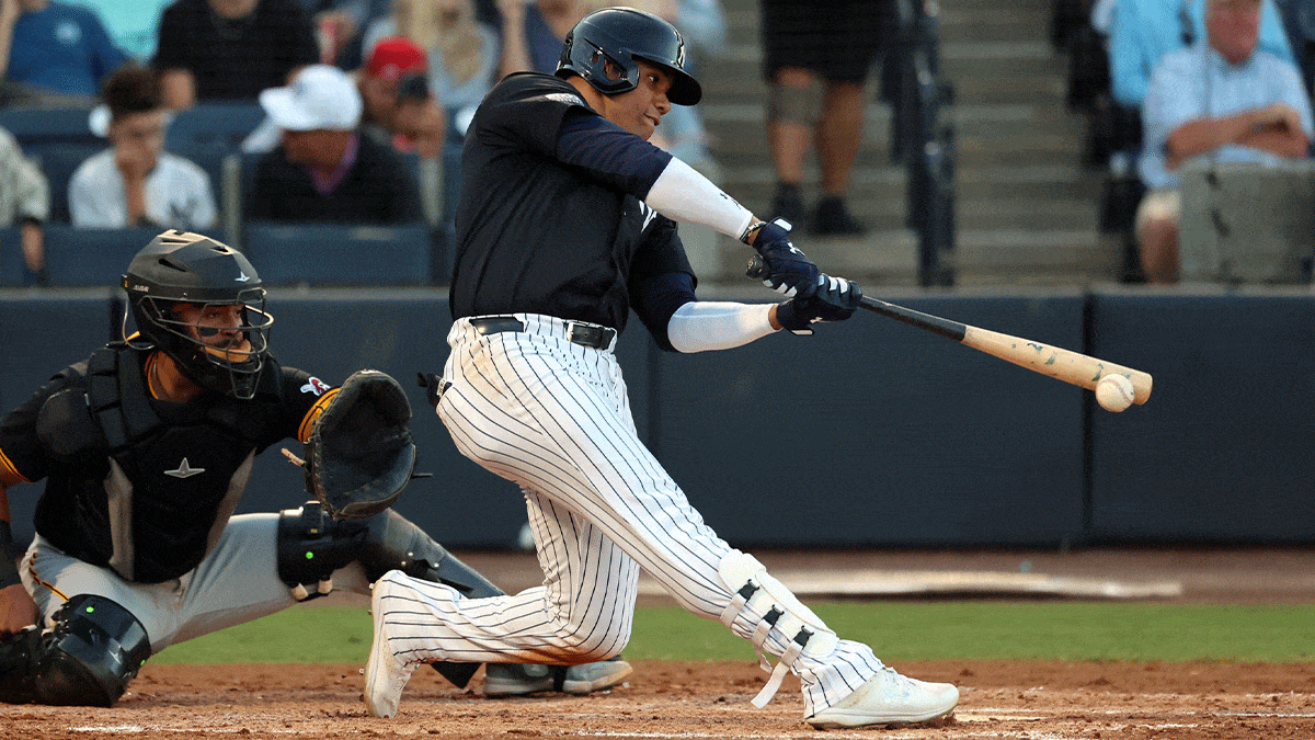 New York Yankees left fielder Juan Soto (22) doubles during the second inning against the Pittsburgh Pirates at George M. Steinbrenner Field.