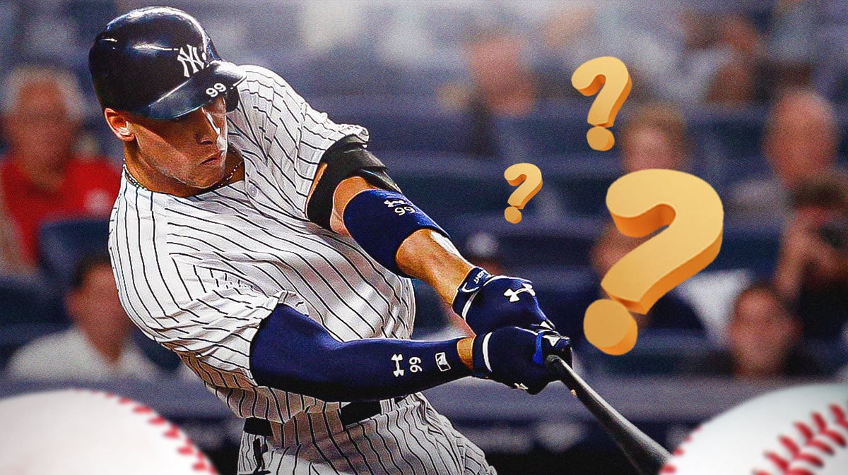 Yankees' Aaron Judge swinging a baseball bat on left. Question mark on right.