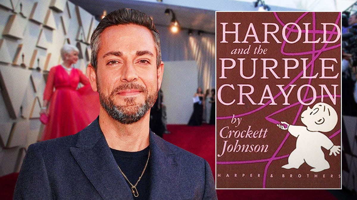 Zachary Levi and book cover for Harold and the Purple Crayon