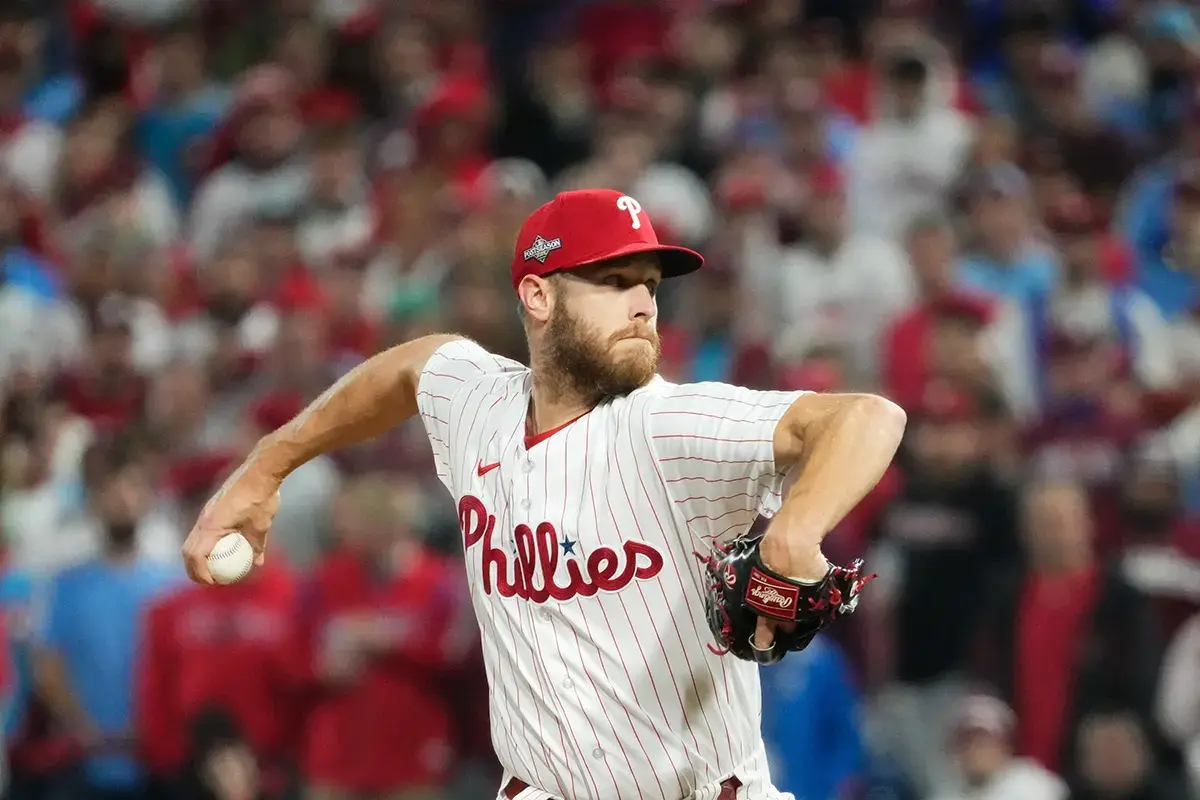 Phillies starting pitcher Zack Wheeler pitches during the seventh inning against the Diamondbacks in Game 7 of the NLCS at Citizens Bank Park in Philadelphia on Oct. 24, 2023