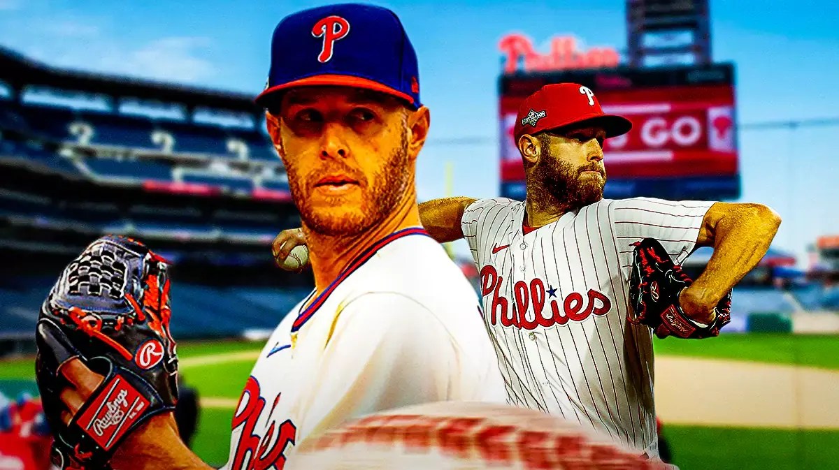Philadelphia Phillies star Zack Wheeler in front of Citizens Bank Park.