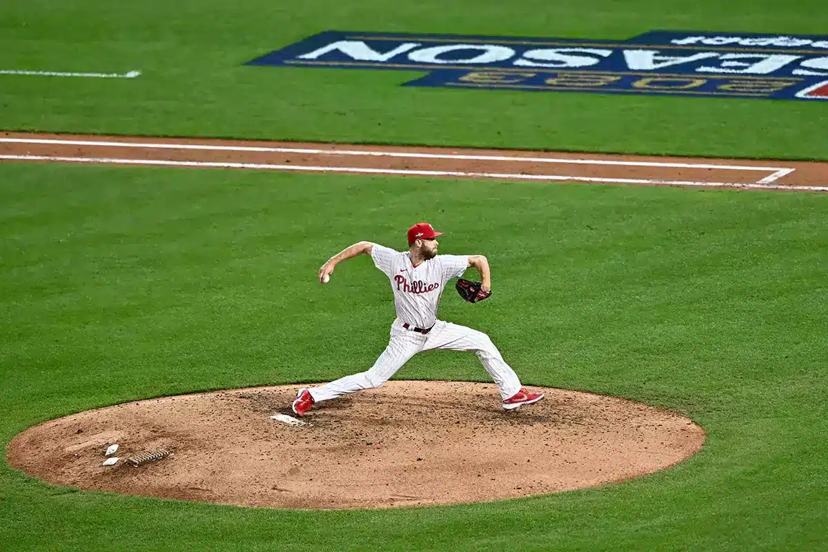 Philadelphia Phillies starting pitcher Zack Wheeler (45) throws a pitch against the Arizona Diamondbacks in the seventh inning during game seven of the NLCS for the 2023 MLB playoffs at Citizens Bank Park. 