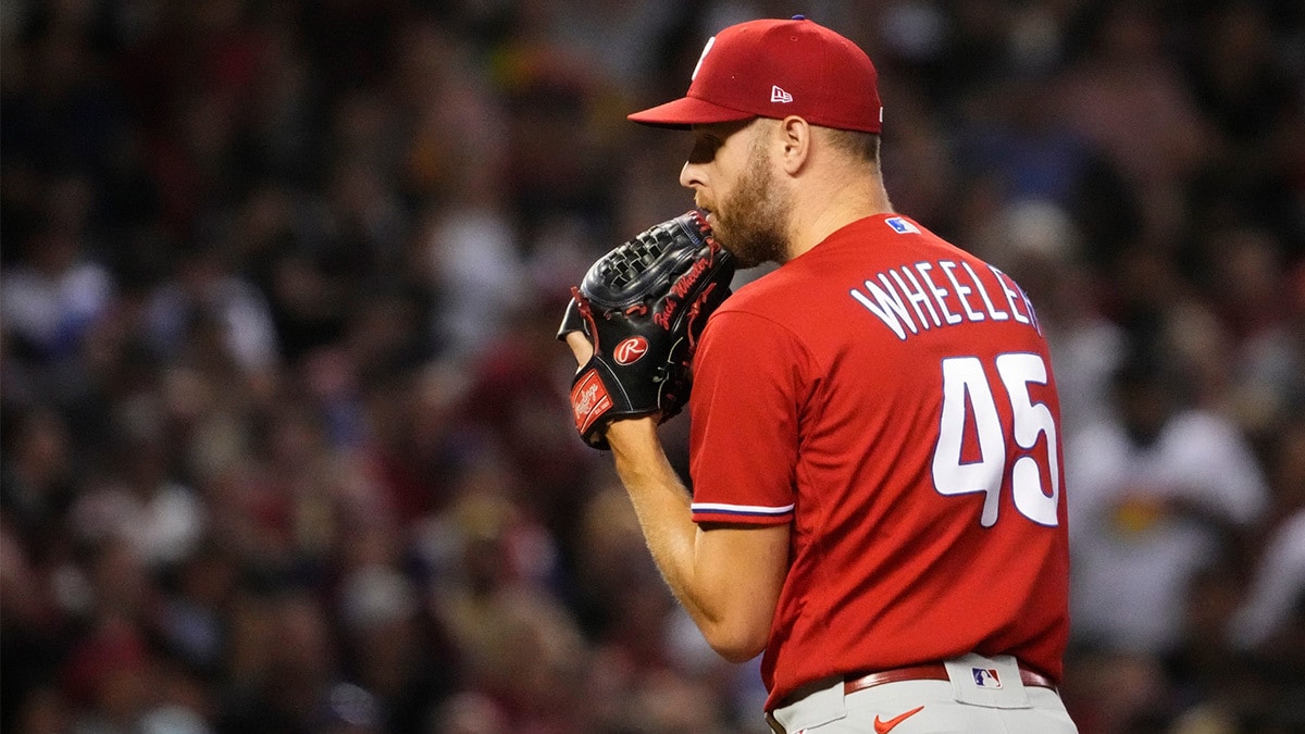 Philadelphia Phillies pitcher Zack Wheeler (45) prepares to pitch in the second inning against the Arizona Diamondbacks in Game 5 of the NLCS of the 2023 MLB playoffs at Chase Field on Oct. 21, 2023, in Phoenix, AZ. The Phillies beat the Diamondbacks 6-1, giving Philadelphia the overall lead of 3-2 in the NLCS playoffs.