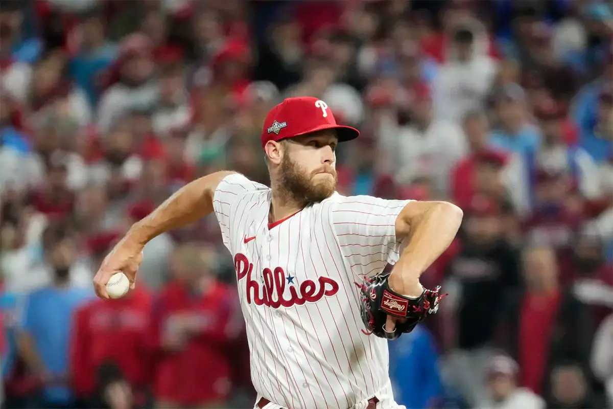 Phillies starting pitcher Zack Wheeler pitches during the seventh inning against the Diamondbacks in Game 7 of the NLCS at Citizens Bank Park in Philadelphia on Oct. 24, 2023.