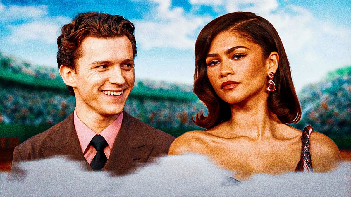 Tom Holland and Zendaya with tennis court background.