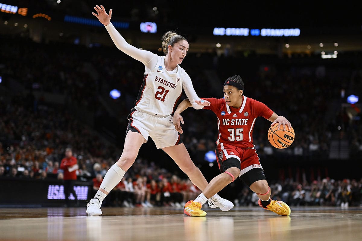  NC State Wolfpack guard Zoe Brooks (35) drives to the basket during the first half against Stanford Cardinal forward Brooke Demetre (21) in the semifinals of the Portland Regional of the 2024 NCAA Tournament at the Moda Center at the Moda Center. 
