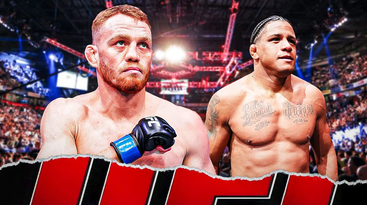 Jack Della Maddalena celebrating, Gilbert Burns looking down/sad next to him, the UFC logo behind them