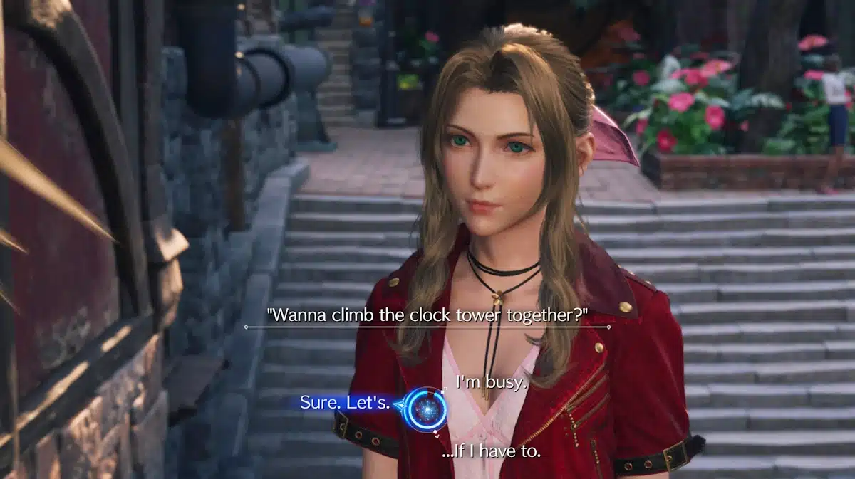 ff7 rebirth aerith romance, aerith romance guide, aerith relationship guide, ff7 rebirth aerith, ff7 rebirth, an example of one of the conversations players will make