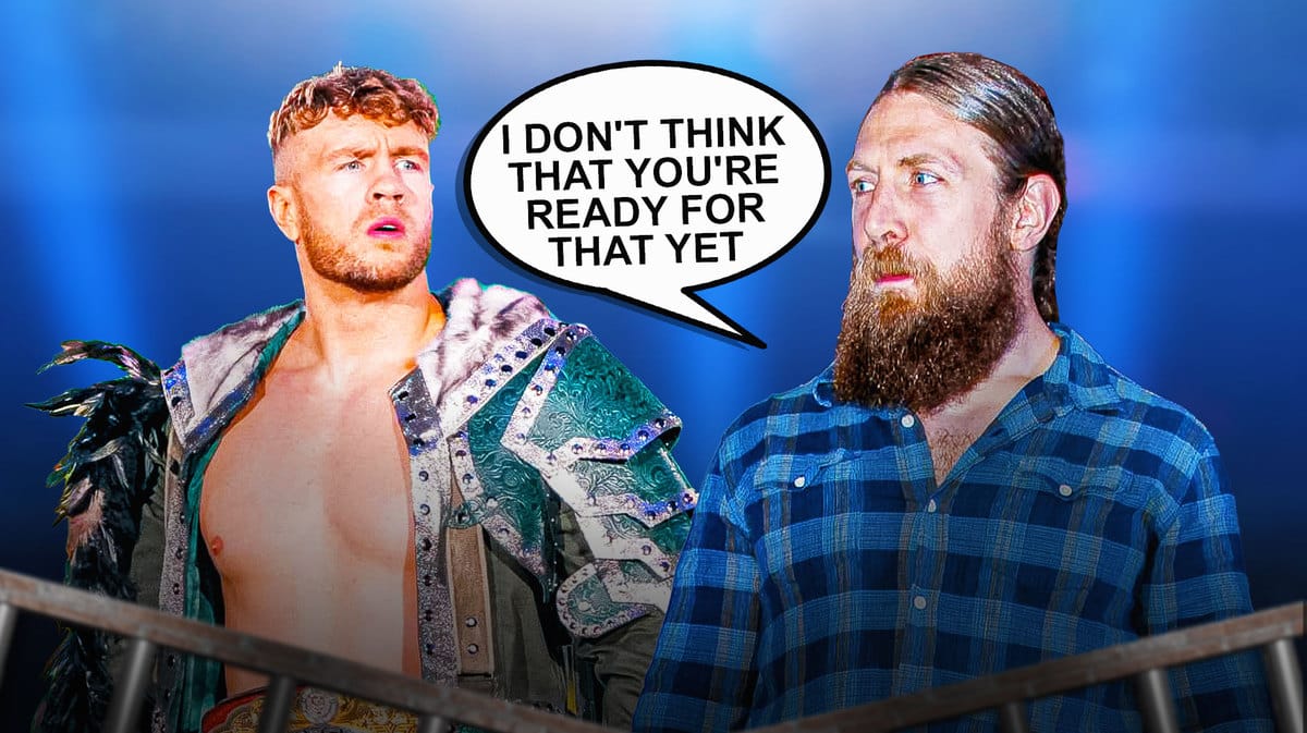 Bryan Danielson with a text bubble reading “I don't think that you're ready for that yet” next to Will Ospreay with the AEW Dynasty logo as the background.