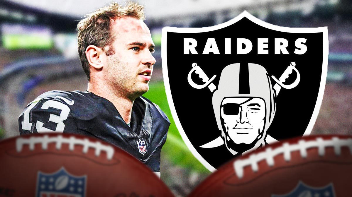 Hunter Renfrow next to a Raiders logo at Allegiant Stadium