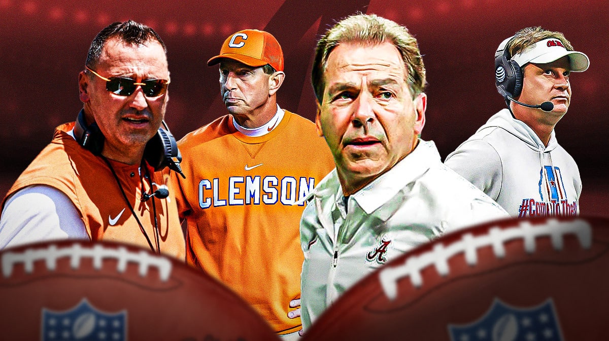 Texas football coach Steve Sarkisian, Clemson football coach Dabo Swinney, former Alabama football coach Nick Saban, and Ole Miss football coach Lane Kiffin