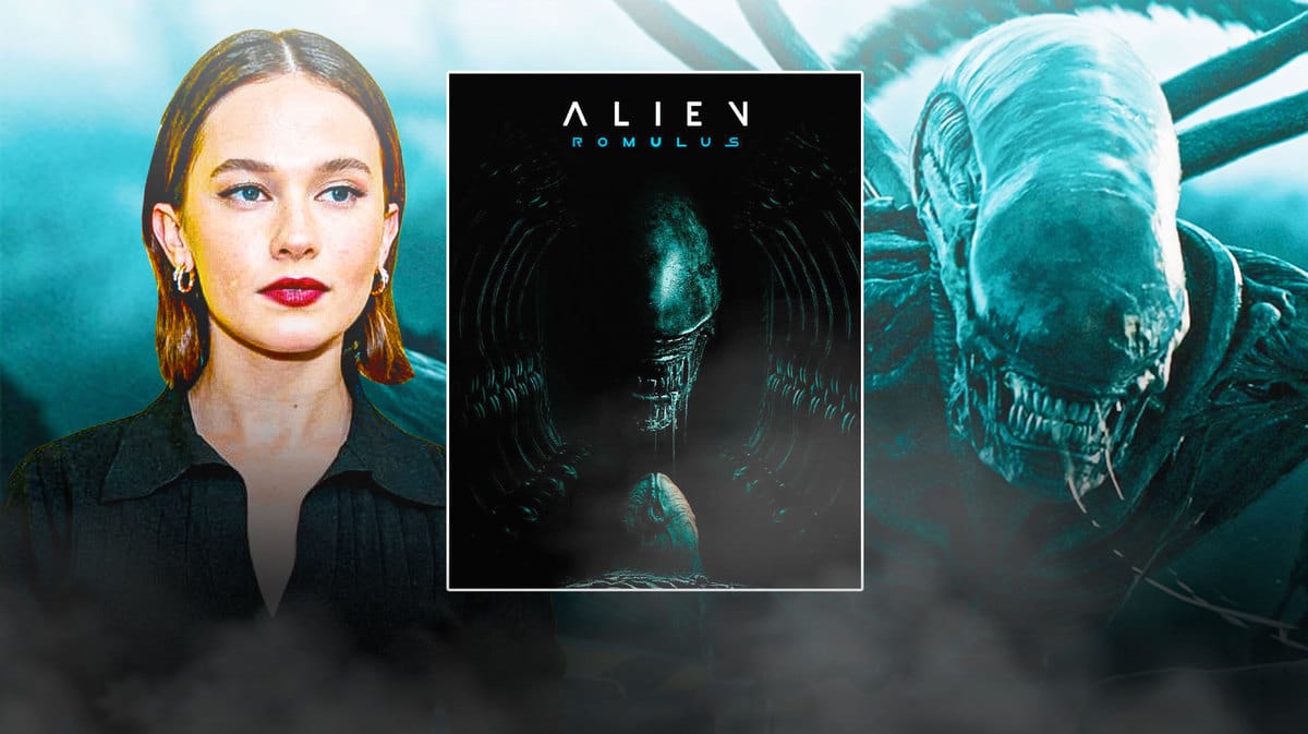 Cailee Spaeny and the Xenomorph on either side of an Alien Romulus poster
