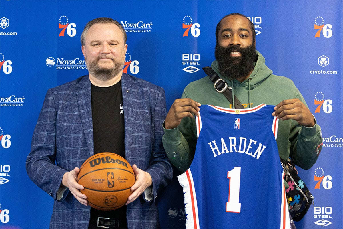 Philadelphia 76ers guard James Harden (1) and president of basketball operations Daryl Morey (L) pose for a photo after speaking with the media at Philadelphia 76ers Training Complex.