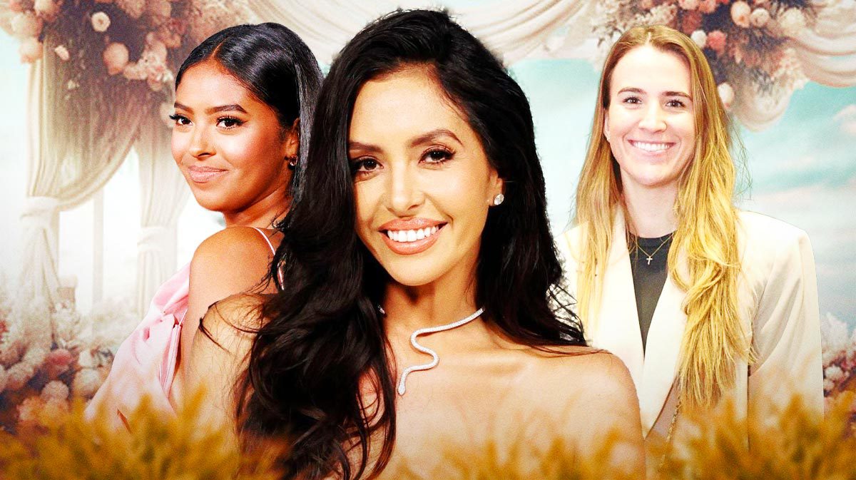 Pics of Vanessa Bryant, Natalia Bryant and Sabrina Ionescu collaged together with wedding imagery in the background