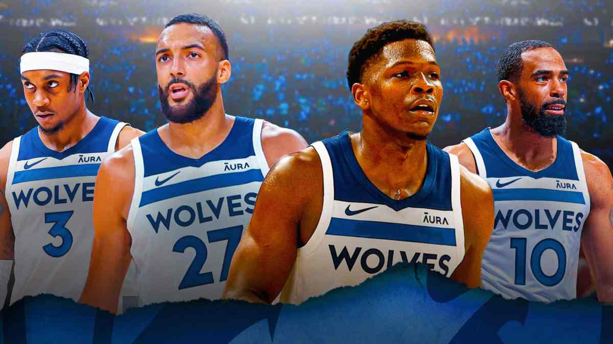 Timberwolves' Anthony Edwards with Jaden McDaniels, Rudy Gobert and Mike Conley
