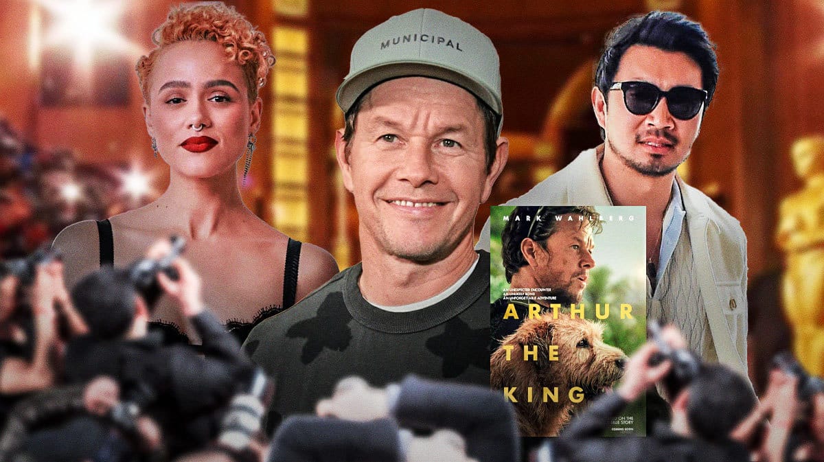 Nathalie Emmanuel, Mark Wahlberg, and Simu Liu with Arthur the King poster.