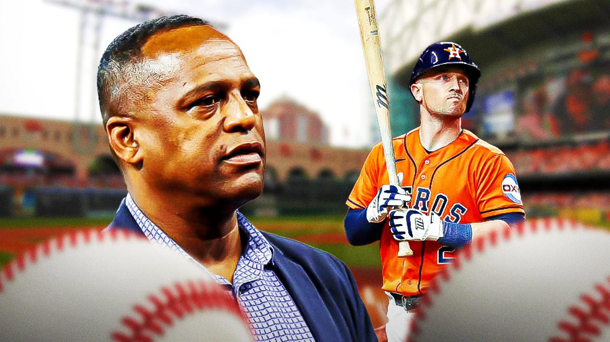 Astros GM Dana Brown on left, Astros' Alex Bregman on right both looking serious.