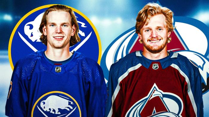 Bowen Byram in a Buffalo Sabres jersey, Casey Mittelstadt in a Colorado Avalanche jersey, both team logos, hockey rink