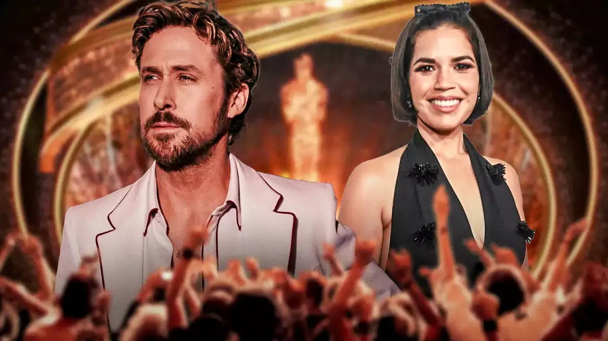 Ryan Gosling and America Ferrera with an Oscar.