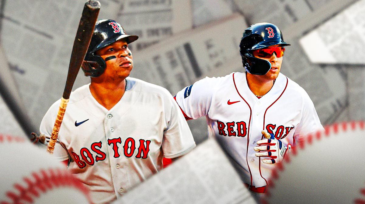 A newspaper as the background, Rafael Devers in the middle, Triston Casas on one side, Brayan Bello on the other side