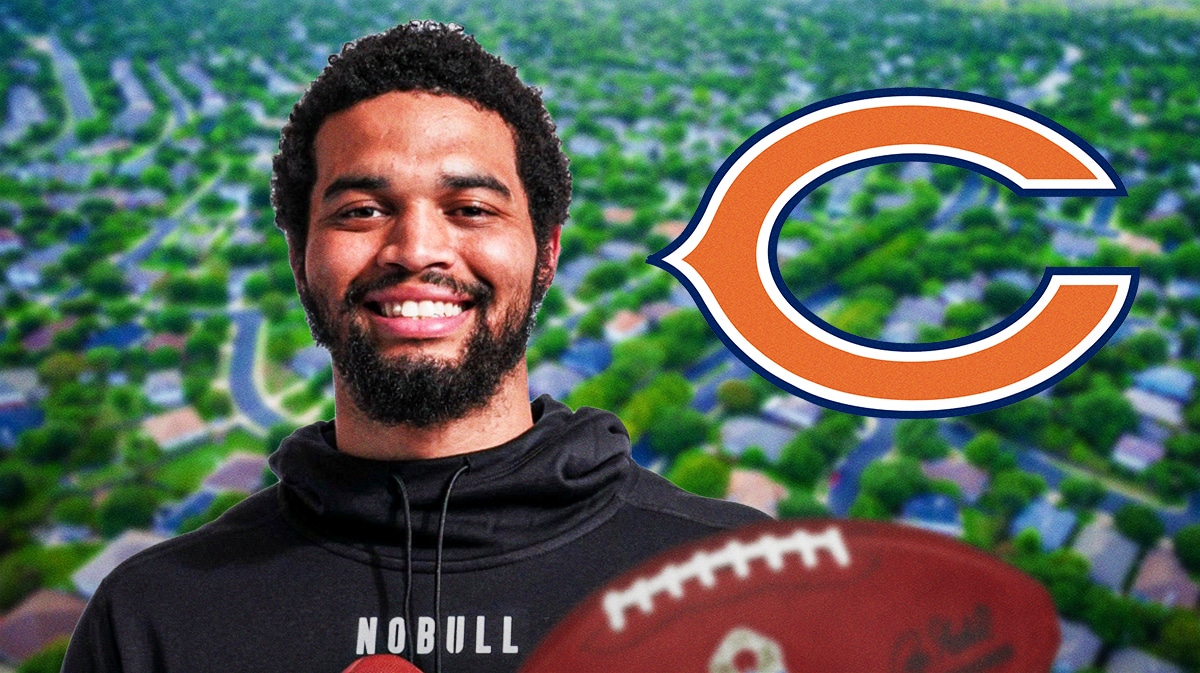 Caleb Williams next to the Bears logo