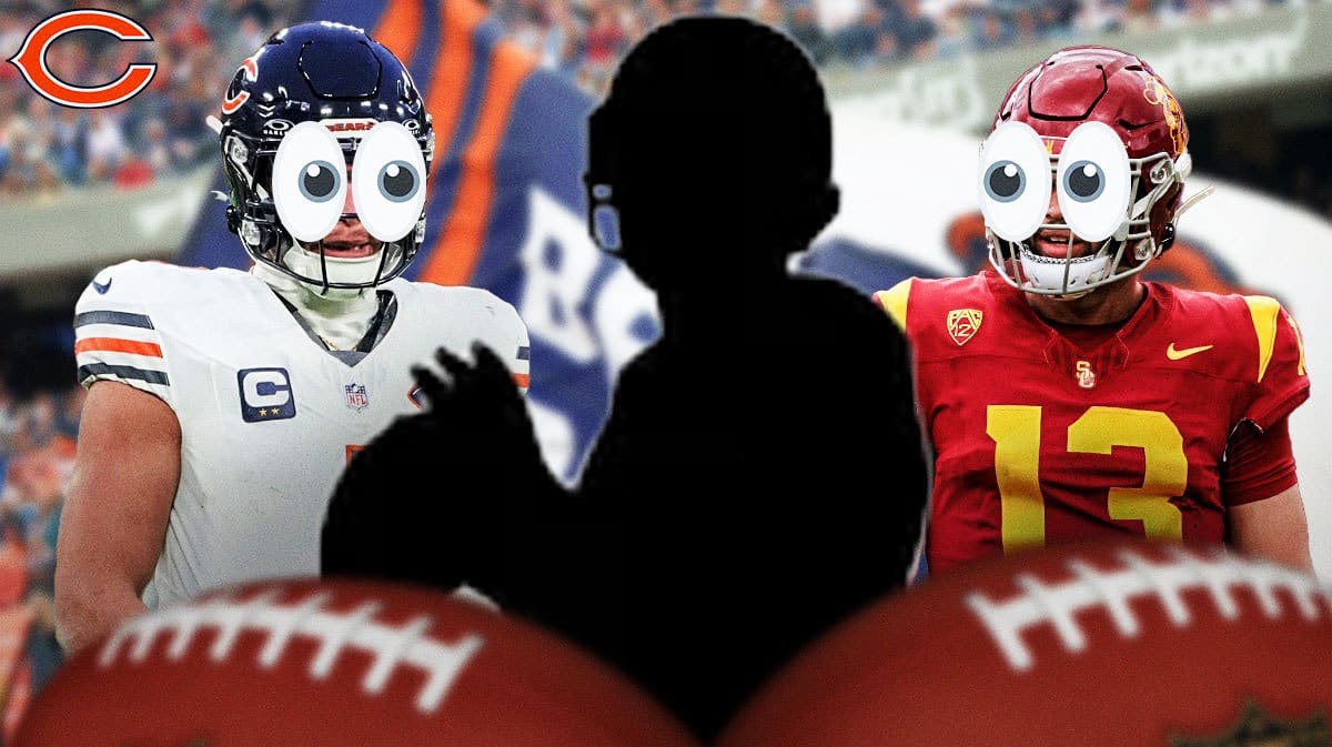 Justin Fields and Caleb Williams looking at a silhouette QB
