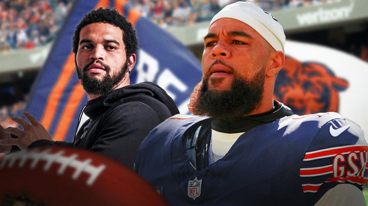 Bears fans in background. Caleb Williams throwing a football in normal clothes in front. Keenan Allen in a Bears uniform next to him.