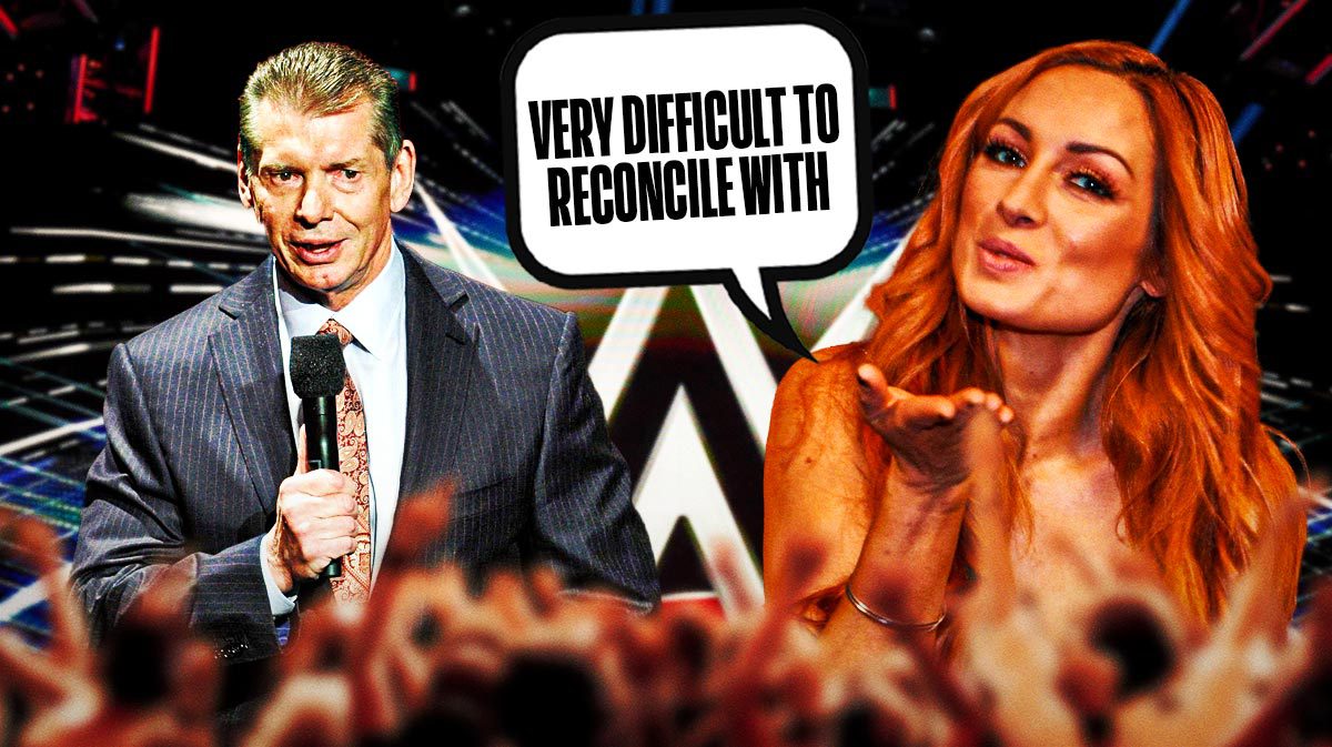 Becky Lynch with a text bubble reading “Very difficult to reconcile with” next to Vince McMahon with the WWE logo as the background.