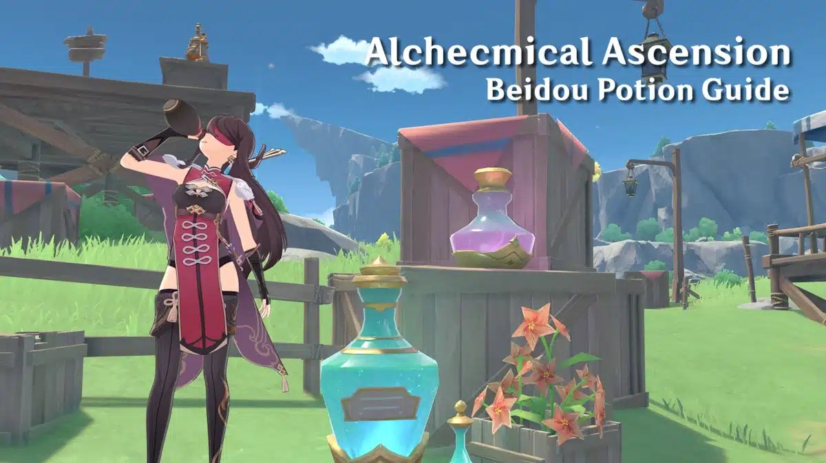 beidou potion guide, beidou potion, alchemical ascension, alchemical ascension guide, genshin impact, a screenshot of beidou with the words alchemical ascension beidou potion guide in one corner