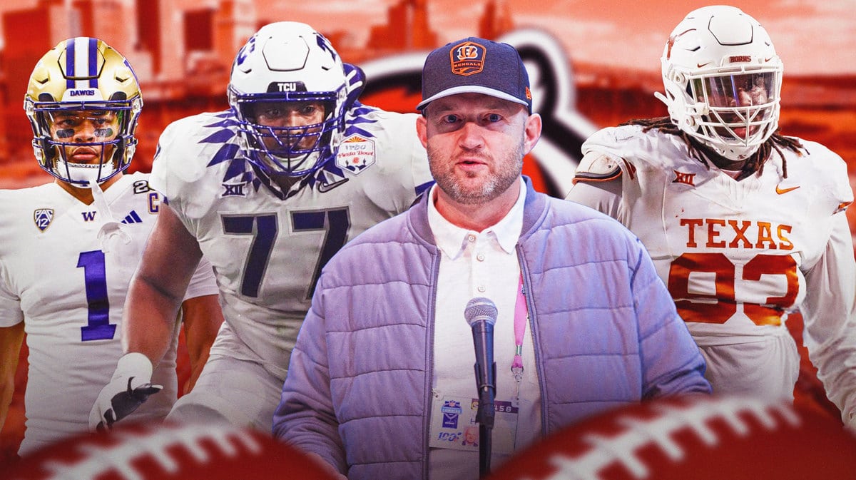 GM Duke Tobin in the middle, Rome Odunze, T'Vondre Sweat, Brandon Coleman around him, and Cincinnati Bengals in the background.