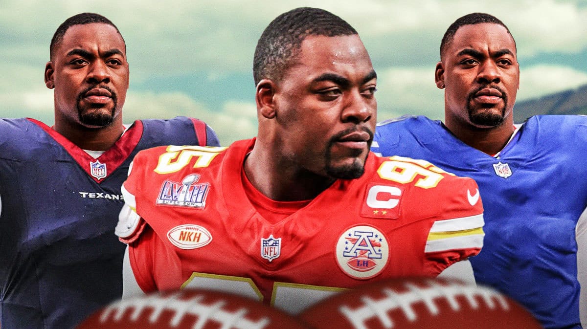 Chris Jones in the middle in a Kansas City Chiefs uniform, Chris Jones on one side in a Houston Texans uniform, Chris Jones on the other side in a Detroit Lions uniform