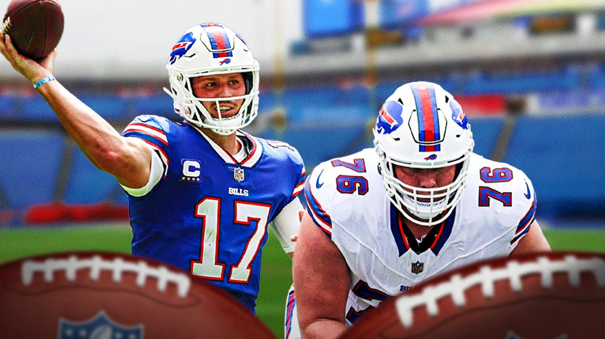 Need Bills' Josh Allen preparing to throw a football. Have Bills' David Edwards blocking a defender to protect Allen.
