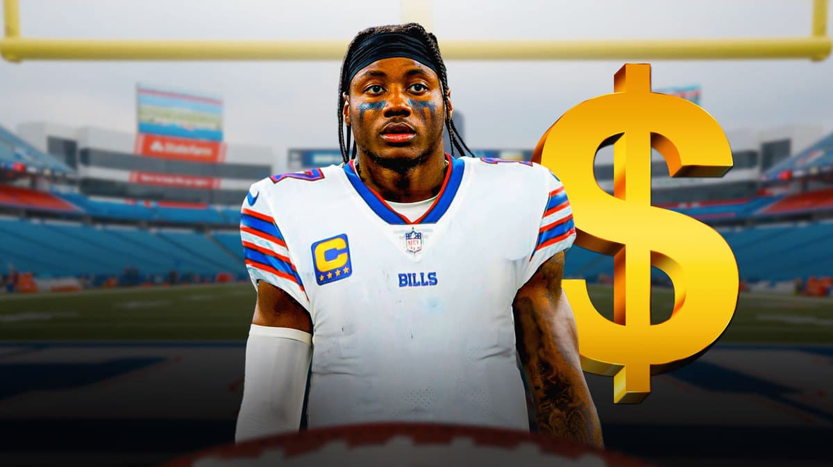 Bills' new wide receiver Curtis Samuel with dollar sign next to him, Highmark Stadium in back