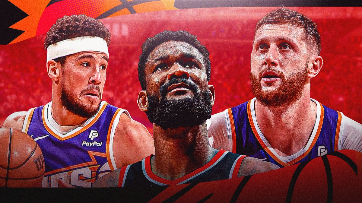 Phoenix Suns' Devin Booker and Jusuf Nurkic, Trail Blazers' Deandre Ayton