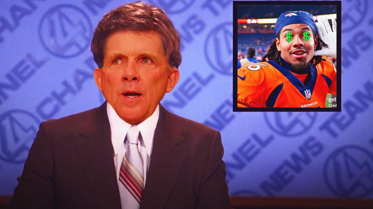 Sean Payton (Broncos head coach) as Ron Burgundy (keep the hair), replace the ENTIRE IMAGE inside the box with headshot of PJ Locke (Broncos) who has dollar signs on his eyes