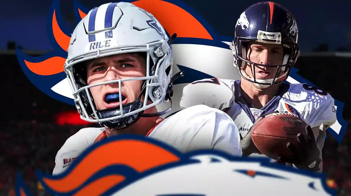 Luke McCaffrey with Ed McCaffrey in a Broncos uniform.